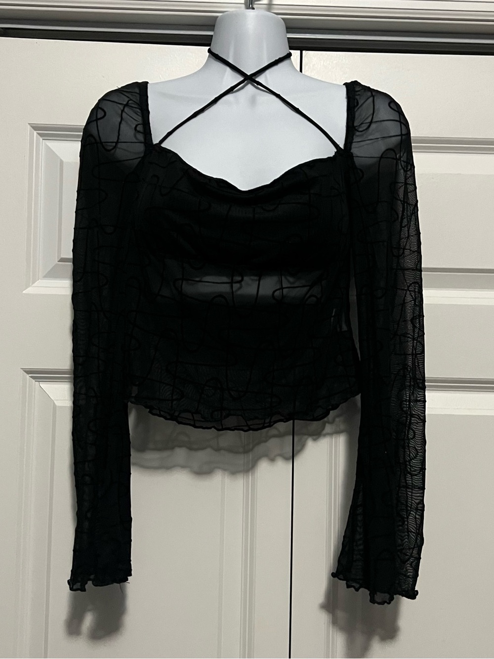 Princess Polly Black Mesh Long Sleeve Crop Top
